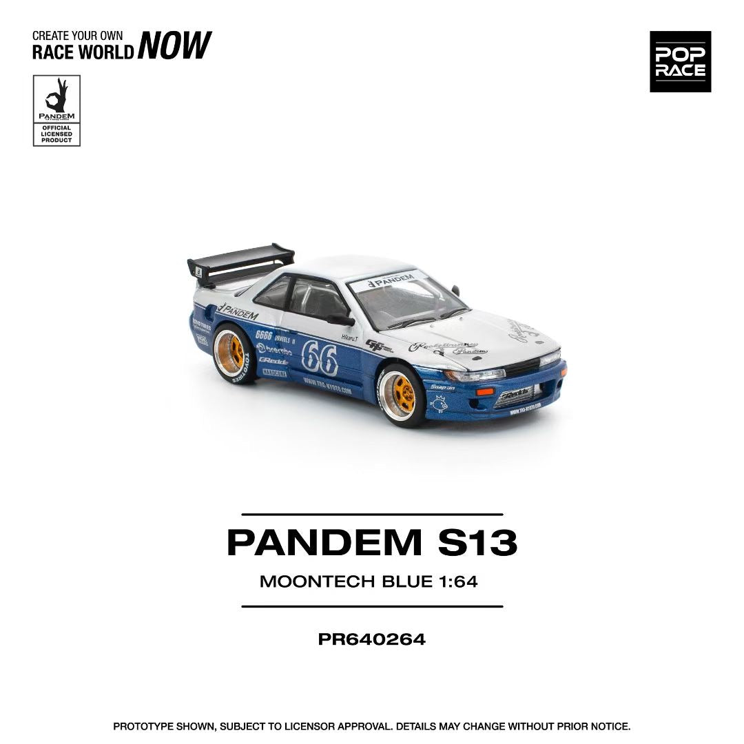 Pop Race 1:64 Nissan Pandem Silvia S13 MOONTECH Rocket Bunny #66 Blue Opening Front Hood Detailed Engine (PR640264)