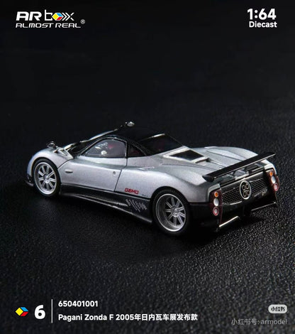 AR Box 1:64 Pagani Zonda F 2025 Presentation Grigio Mercurio Silver (Opened Front and Back Hoods Detailed Engine) with Individual Numbered Card in Premium Box Packaging Official Licensed Hobby Expo China 2026 Limited Edition