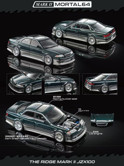 Mortal 1:64 The Ridge Mark II JZX100 Dark Green Metallic / Gun Metallic Openable Front Hood Detailed Engine in Premium Box Packaging