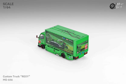 Mega Gear 1:64 Hino 300 Series MK2 Custom Extendable Tow Truck Container Livery Tyrannosaurus Rexy Green (Limited to 2 per customer / address)