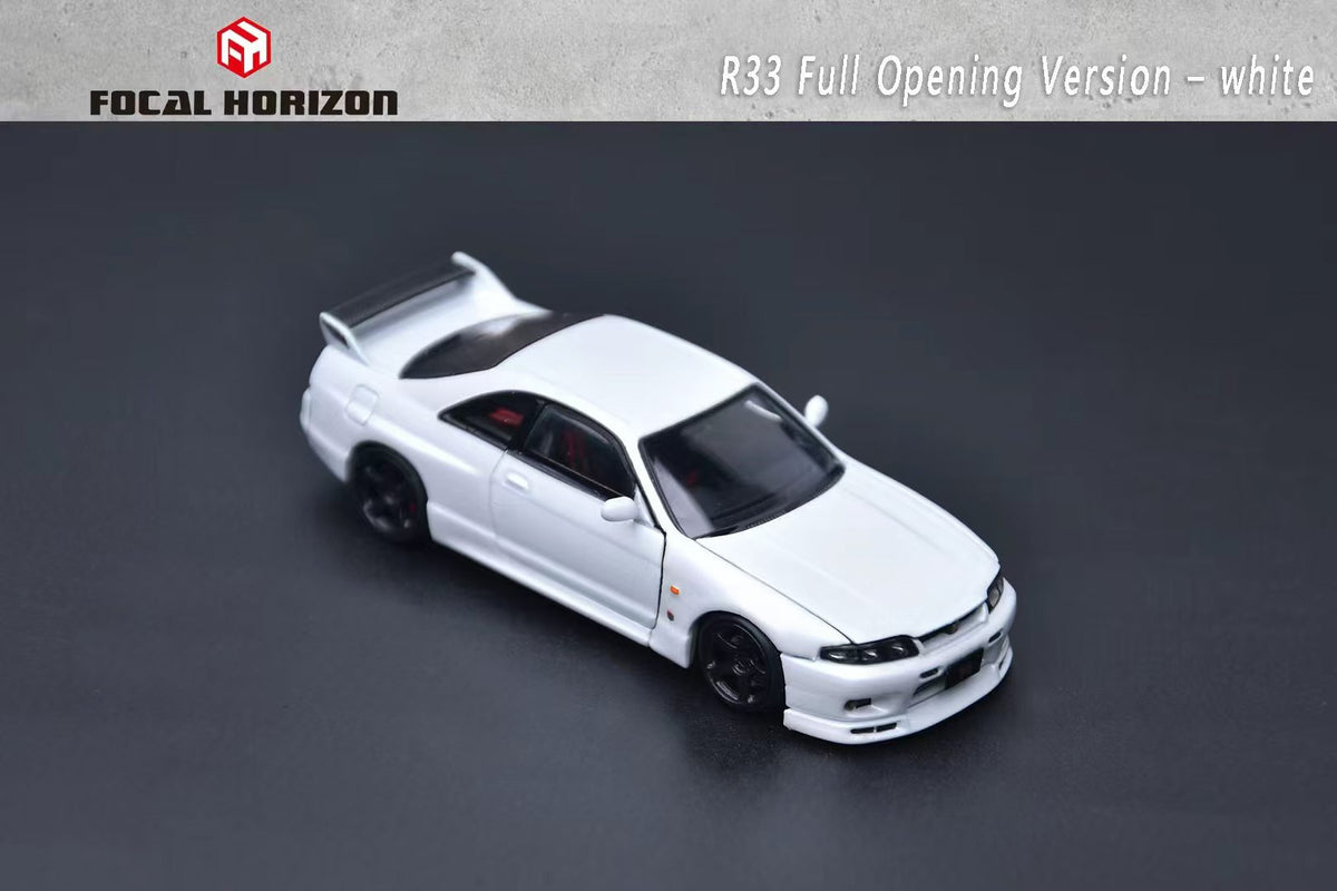 Focal Horizon 1:64 GT-R R33 Skyline BCNR33 Original White with Decal Stickers (ALL OPEN Doors and Hoods with Detailed Engine) Premium Case and Box Packaging