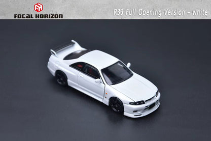 Focal Horizon 1:64 GT-R R33 Skyline BCNR33 Original White with Decal Stickers (ALL OPEN Doors and Hoods with Detailed Engine) Premium Case and Box Packaging