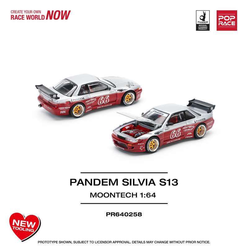 Pop Race 1:64 Nissan Pandem Silvia S13 MOONTECH Rocket Bunny #66 Red Opening Front Hood Detailed Engine (PR640258)
