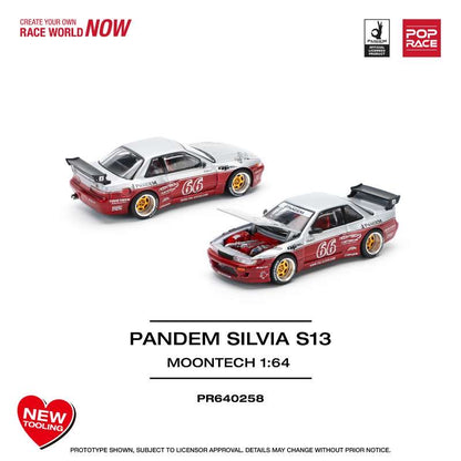 Pop Race 1:64 Nissan Pandem Silvia S13 MOONTECH Rocket Bunny #66 Red Opening Front Hood Detailed Engine (PR640258)