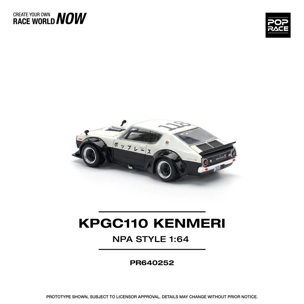 Pop Race 1:64 Nissan Skyline GT-R KPGC110 V8 Drift Kenmeri White Black NPA Style Opening Front and Rear Detailed Engine (PR640252)
