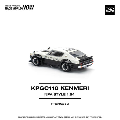 Pop Race 1:64 Nissan Skyline GT-R KPGC110 V8 Drift Kenmeri White Black NPA Style Opening Front and Rear Detailed Engine (PR640252)
