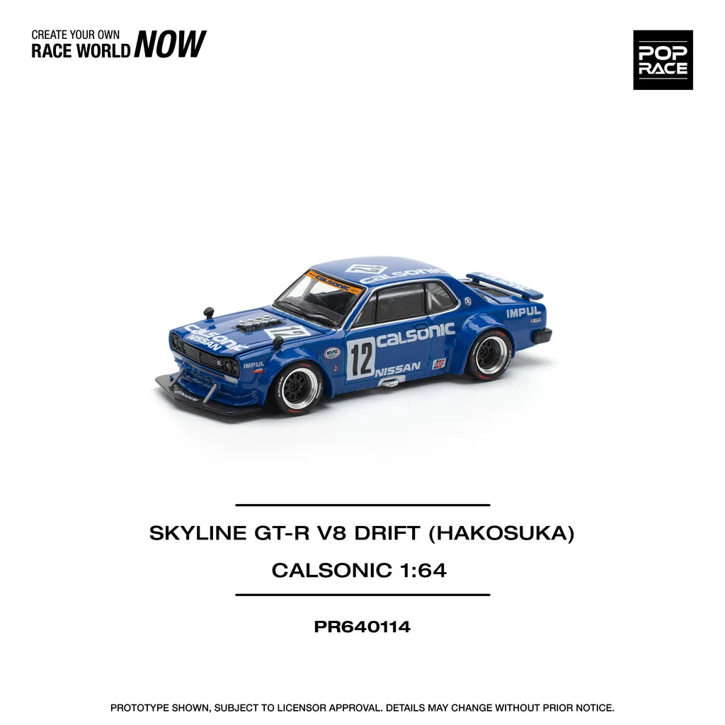 Pop Race 1:64 Skyline GT-R KPGC10 V8 Drift Hakosuka Calsonic #12 Opening Front and Rear Detailed Engine (PR640114)
