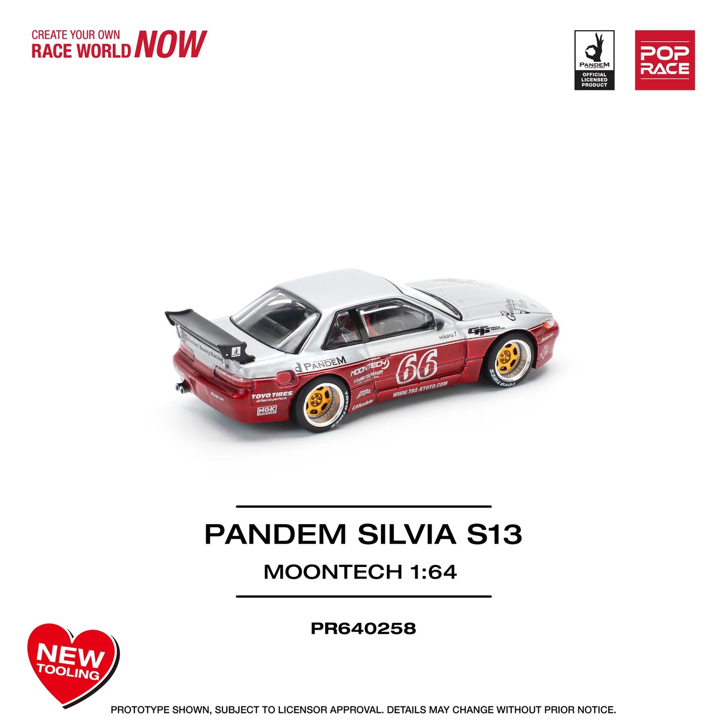 Pop Race 1:64 Nissan Pandem Silvia S13 MOONTECH Rocket Bunny #66 Red Opening Front Hood Detailed Engine (PR640258)
