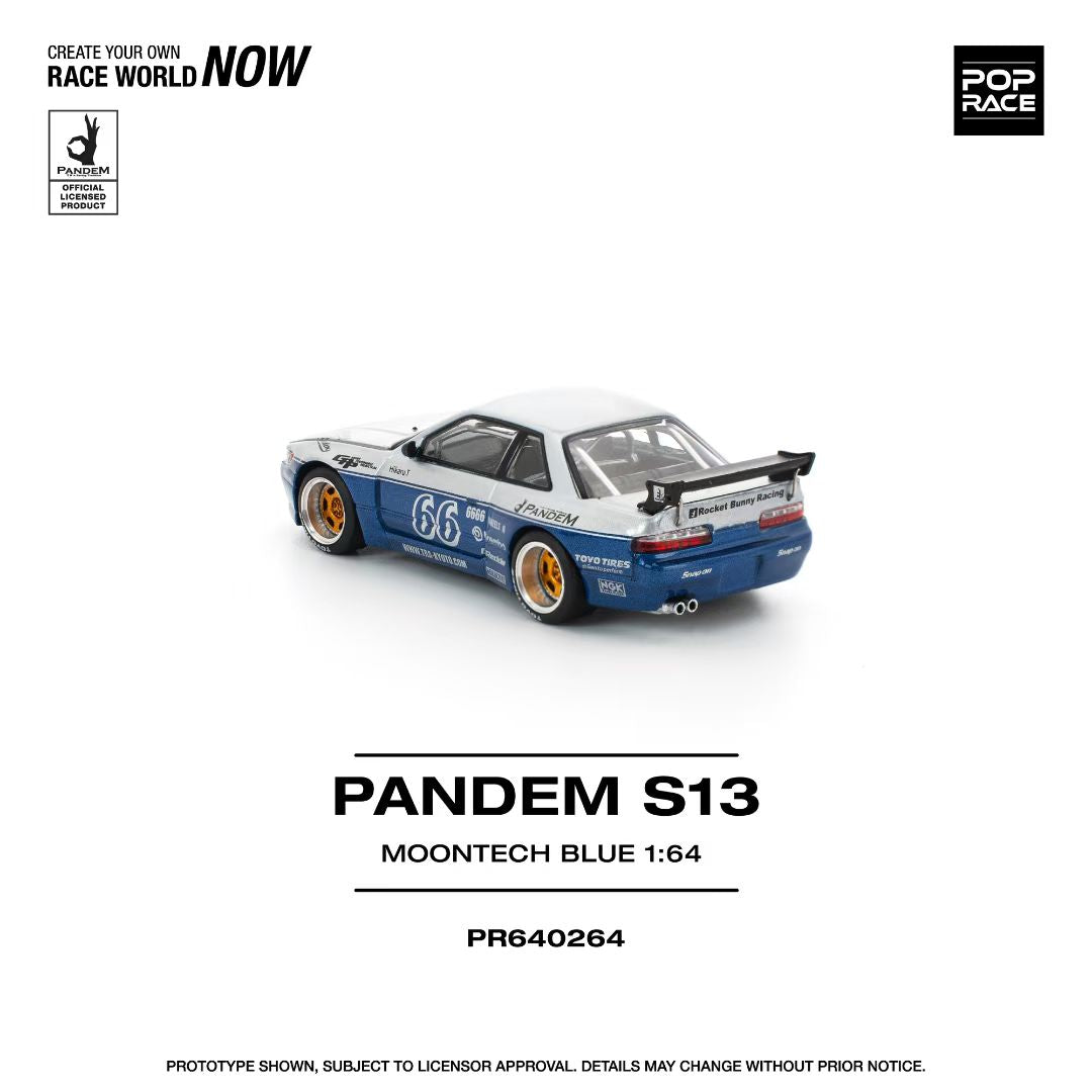 Pop Race 1:64 Nissan Pandem Silvia S13 MOONTECH Rocket Bunny #66 Blue Opening Front Hood Detailed Engine (PR640264)