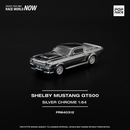 Pop Race 1:64 Shelby Mustang GT500 Silver Chrome Opening Front & Rear Detailed Engine (PR640312)