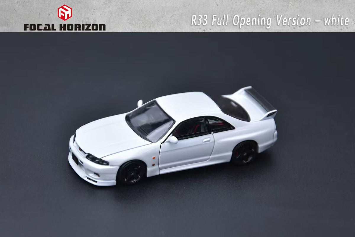 Focal Horizon 1:64 GT-R R33 Skyline BCNR33 Original White with Decal Stickers (ALL OPEN Doors and Hoods with Detailed Engine) Premium Case and Box Packaging