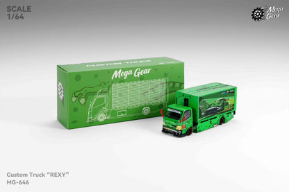 Mega Gear 1:64 Hino 300 Series MK2 Custom Extendable Tow Truck Container Livery Tyrannosaurus Rexy Green (Limited to 2 per customer / address)