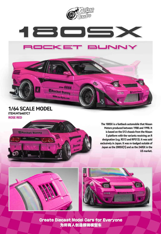Micro Turbo 1:64 Nissan Silvia S13 180SX Pandem Rocket Bunny Rose Red Folding Lights Detailed Engine Limited 999 Pieces