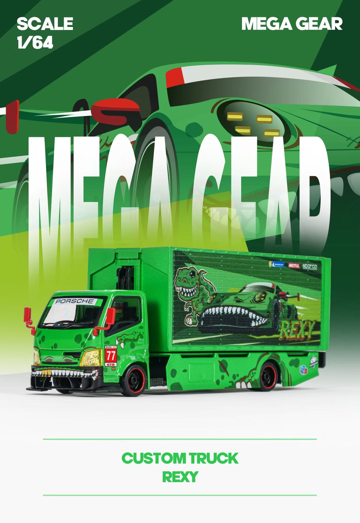 Mega Gear 1:64 Hino 300 Series MK2 Custom Extendable Tow Truck Container Livery Tyrannosaurus Rexy Green (Limited to 2 per customer / address)