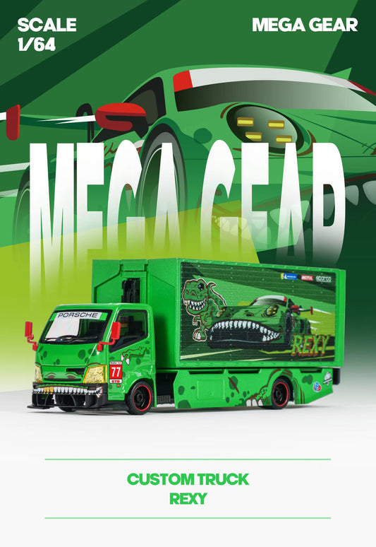 Mega Gear 1:64 Hino 300 Series MK2 Custom Extendable Tow Truck Container Livery Tyrannosaurus Rexy Green (Limited to 2 per customer / address)