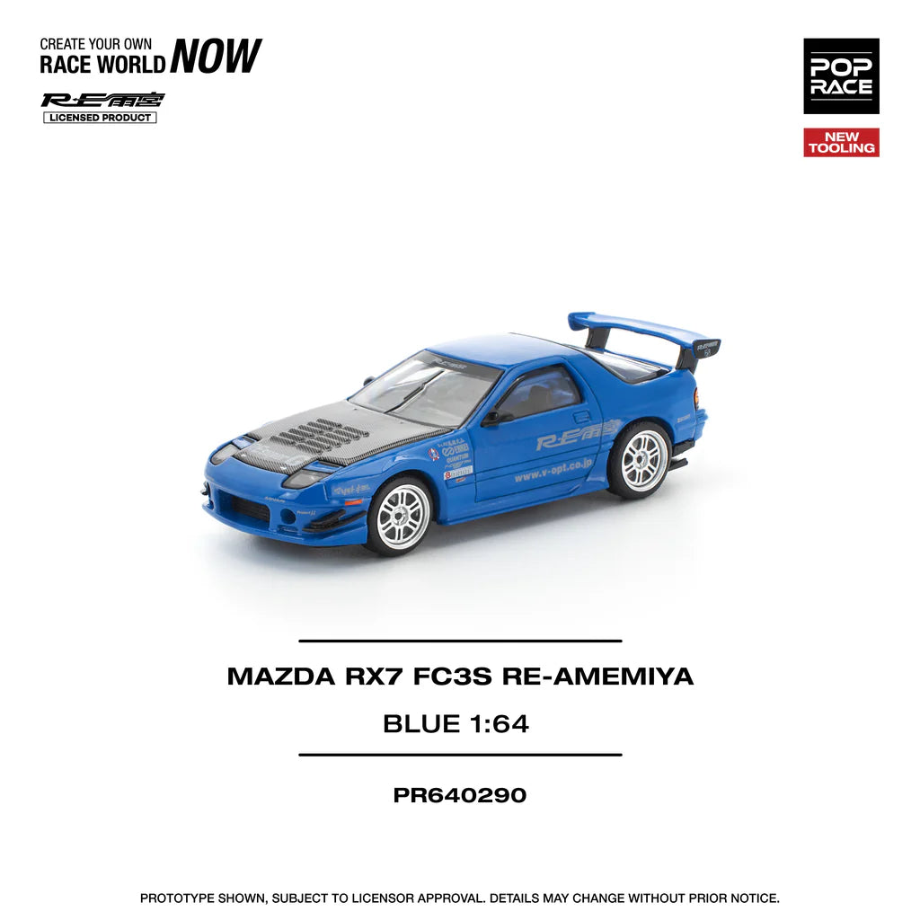 Pop Race 1:64 Mazda RX-7 FC3S Re-Amemiya Blue Openable Front Hood Detailed Engine (PR640290)