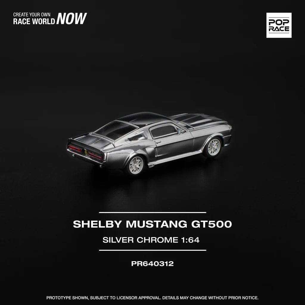 Pop Race 1:64 Shelby Mustang GT500 Silver Chrome Opening Front & Rear Detailed Engine (PR640312)