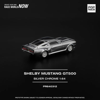 Pop Race 1:64 Shelby Mustang GT500 Silver Chrome Opening Front & Rear Detailed Engine (PR640312)