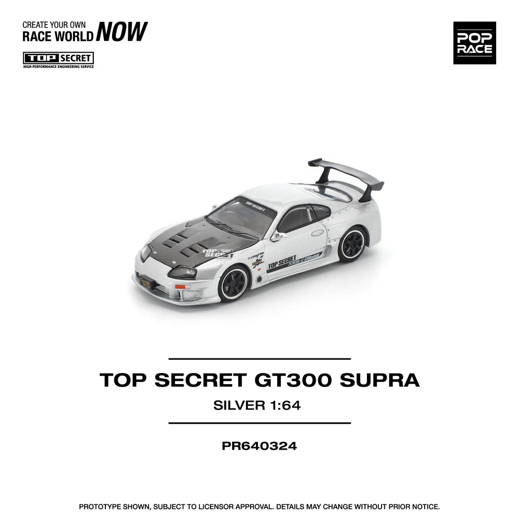 Pop Race 1:64 Top Secret GT300 Supra A80 Silver Carbon Hood Openable Front Hood Detailed Engine (PR640324)
