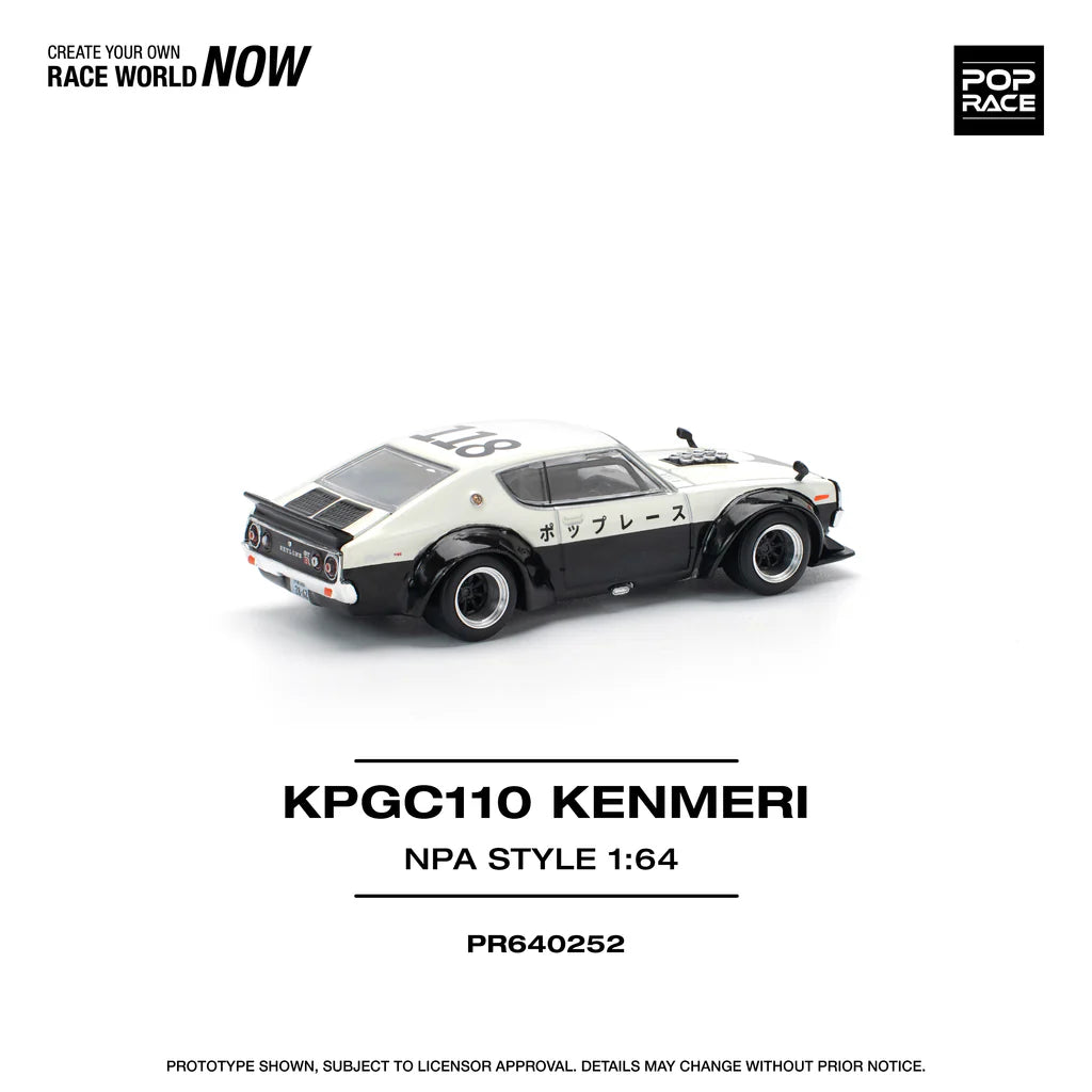 Pop Race 1:64 Nissan Skyline GT-R KPGC110 V8 Drift Kenmeri White Black NPA Style Opening Front and Rear Detailed Engine (PR640252)