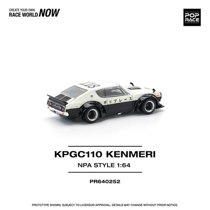 Pop Race 1:64 Nissan Skyline GT-R KPGC110 V8 Drift Kenmeri White Black NPA Style Opening Front and Rear Detailed Engine (PR640252)