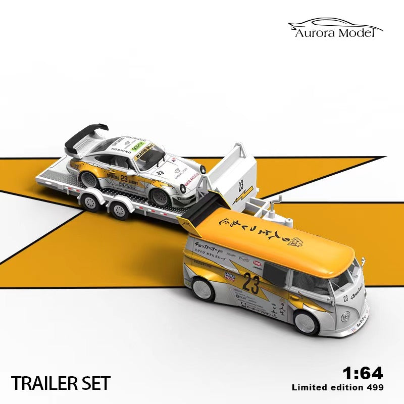 Aurora Model 1/64 Car Hauler Trailer Set Flash #23 Yellow Edition - Porsche RWB 964 & Volkswagen T1 Kombi Camper Van & Trailer