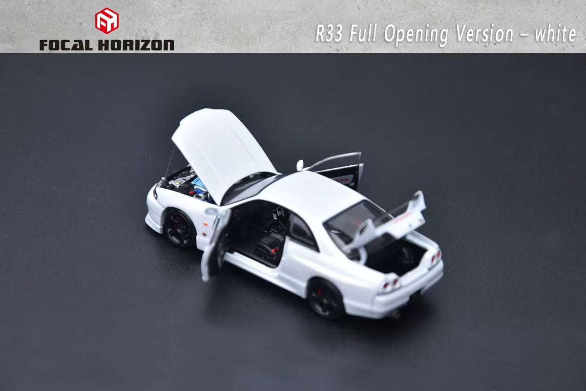 Focal Horizon 1:64 GT-R R33 Skyline BCNR33 Original White with Decal Stickers (ALL OPEN Doors and Hoods with Detailed Engine) Premium Case and Box Packaging
