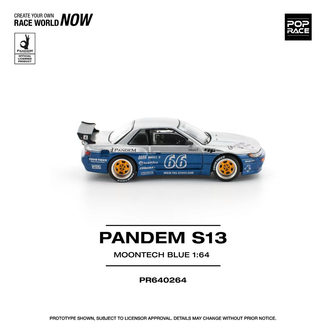 Pop Race 1:64 Nissan Pandem Silvia S13 MOONTECH Rocket Bunny #66 Blue Opening Front Hood Detailed Engine (PR640264)