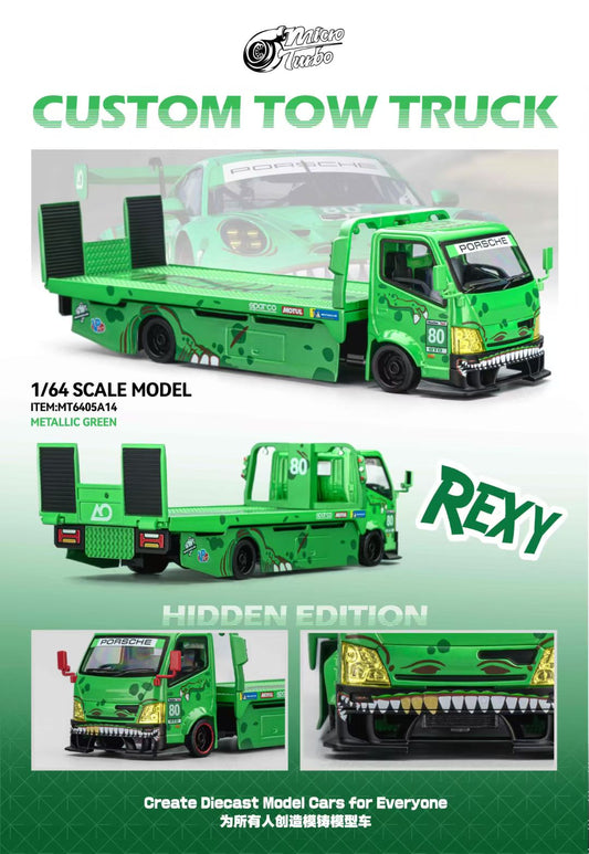 Mega Gear 1:64 Hino 300 Series MK2 Custom Extendable Tow Truck Flat Bed Livery Tyrannosaurus Rexy Green (Limited to 2 per customer / address)