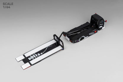 Micro Turbo 1:64 Mega Gear Hino 300 Series MK2 Custom Extendable Tow Truck Flatbed Livery Skeleton Dinosaur Black and White