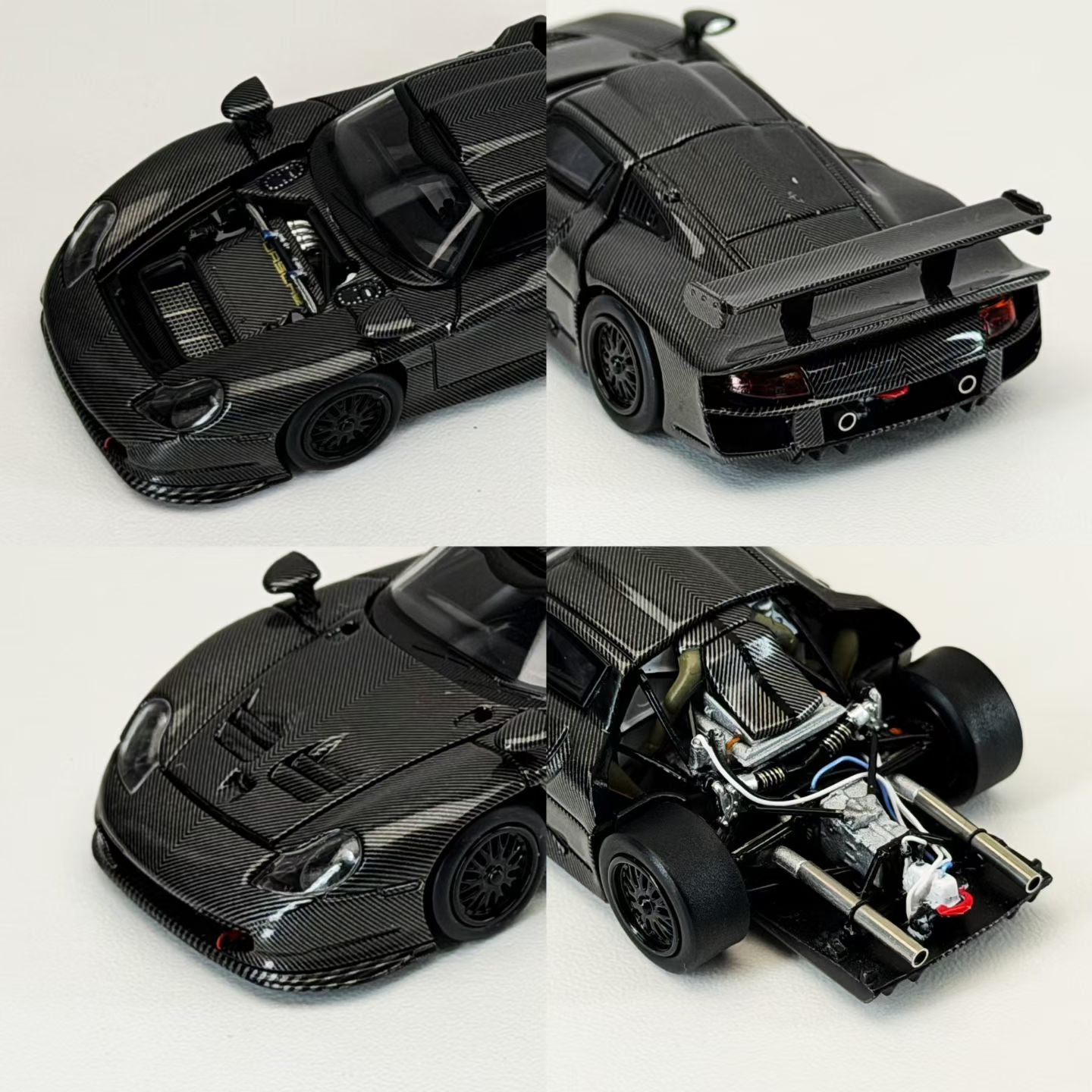 Transcend Model 1:64 Porsche 911 GT1 24h Le Mans GT1 1997 Full Carbon Black Openable Front and Rear Hood with Detail Engine in Premium Box Packaging