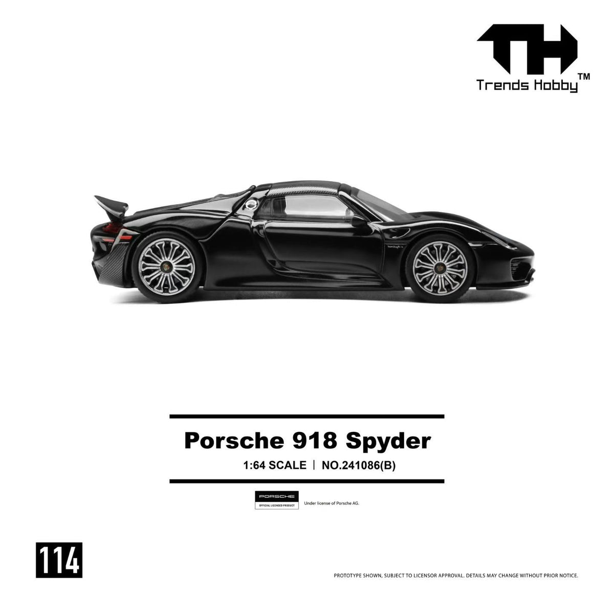 Trends Hobby 1:64 Porsche 918 Spyder Gloss Black Openable Roof and Rear Hoods Detailed Engine Porsche Official Licensed (241086B)