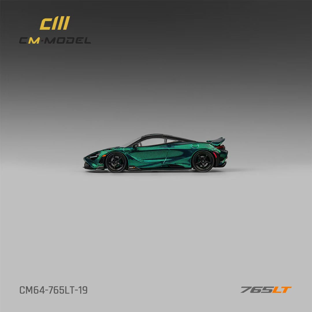 CM Model 1:64 McLaren 765LT Chrome Carbon Green Moving Spoiler Extra Wheels Set McLaren Official Licensed