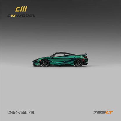 CM Model 1:64 McLaren 765LT Chrome Carbon Green Moving Spoiler Extra Wheels Set McLaren Official Licensed