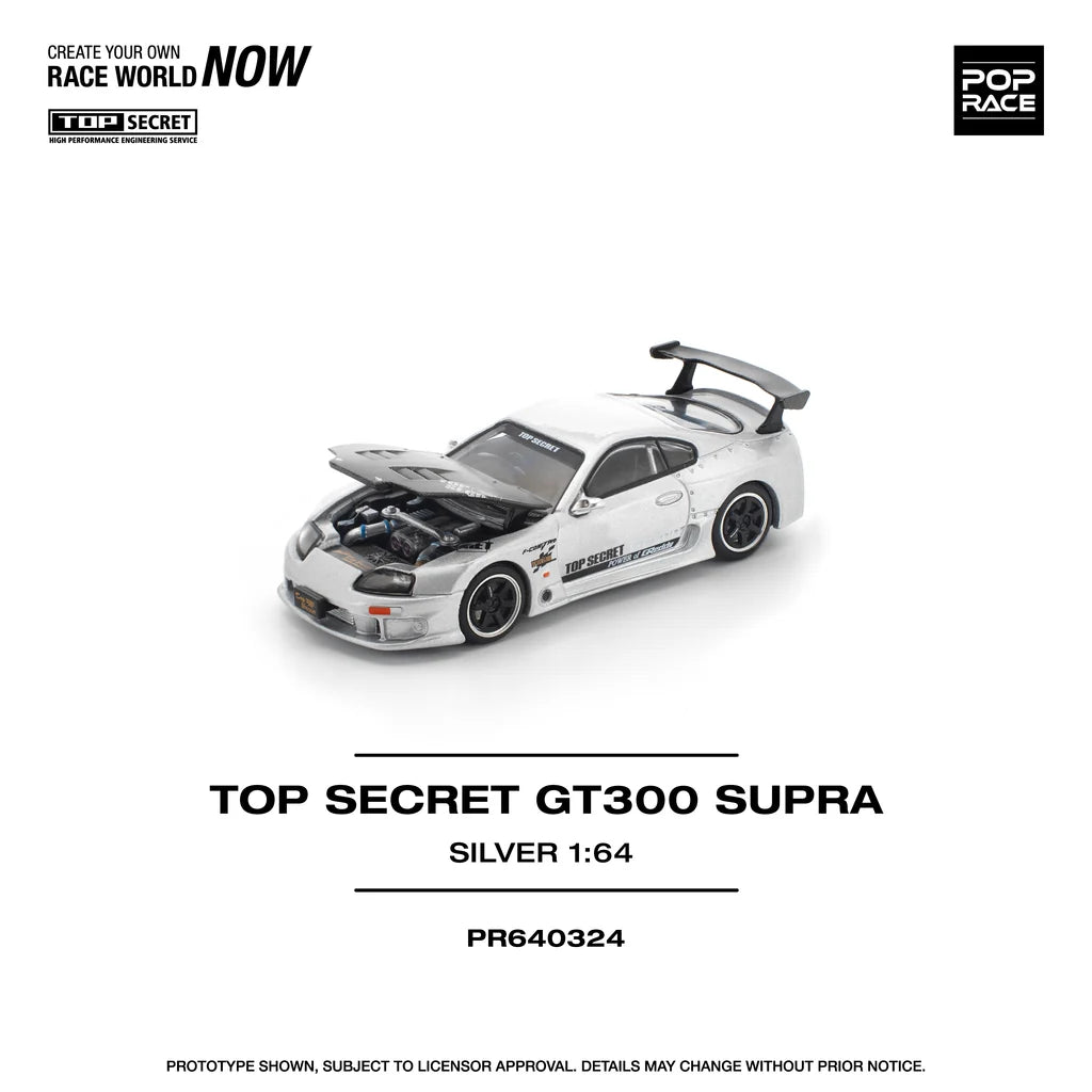 Pop Race 1:64 Top Secret GT300 Supra A80 Silver Carbon Hood Openable Front Hood Detailed Engine (PR640324)