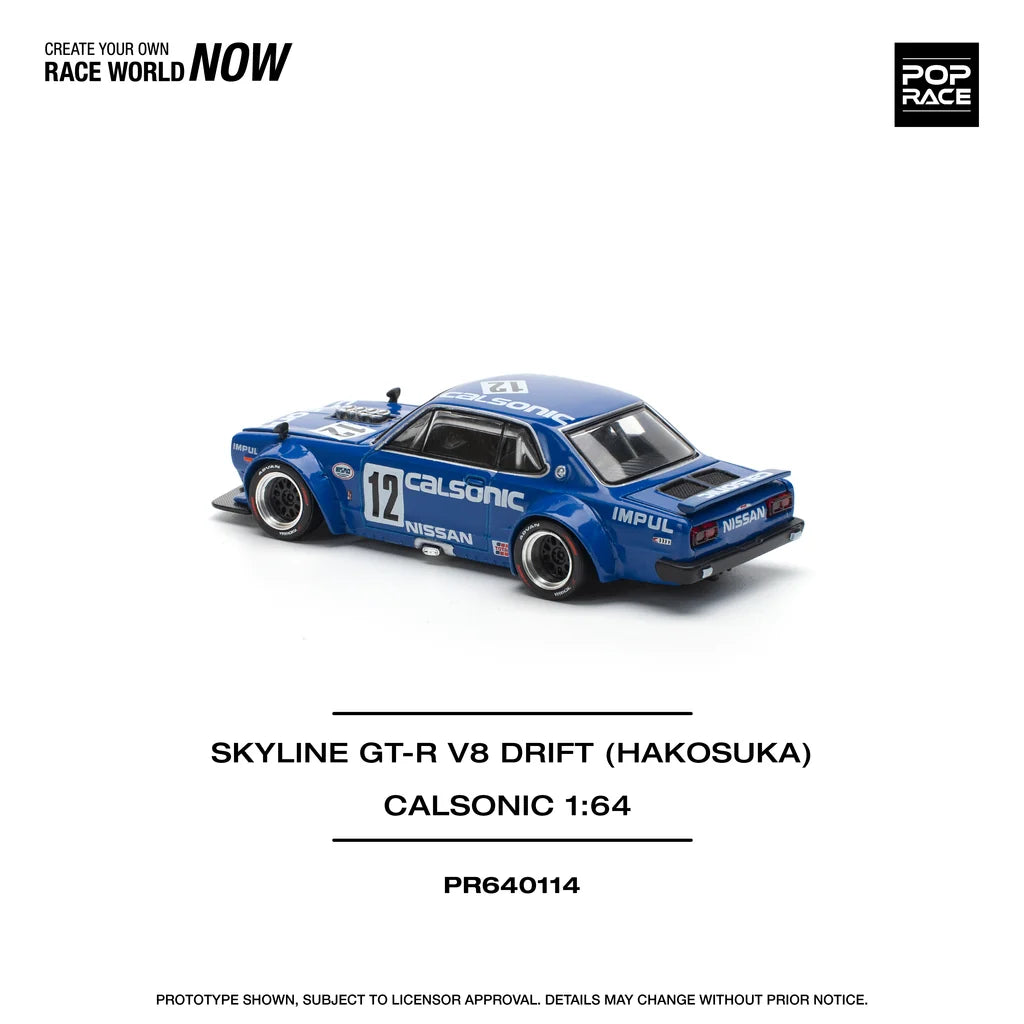 Pop Race 1:64 Skyline GT-R KPGC10 V8 Drift Hakosuka Calsonic #12 Opening Front and Rear Detailed Engine (PR640114)
