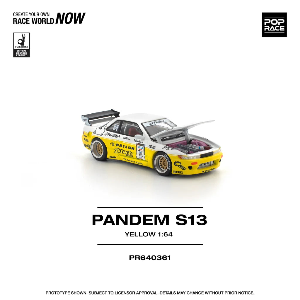 Pop Race 1:64 Pandem Silvia S13 Rocket Bunny Yellow Opening Front Hood Detailed Engine (PR640361)
