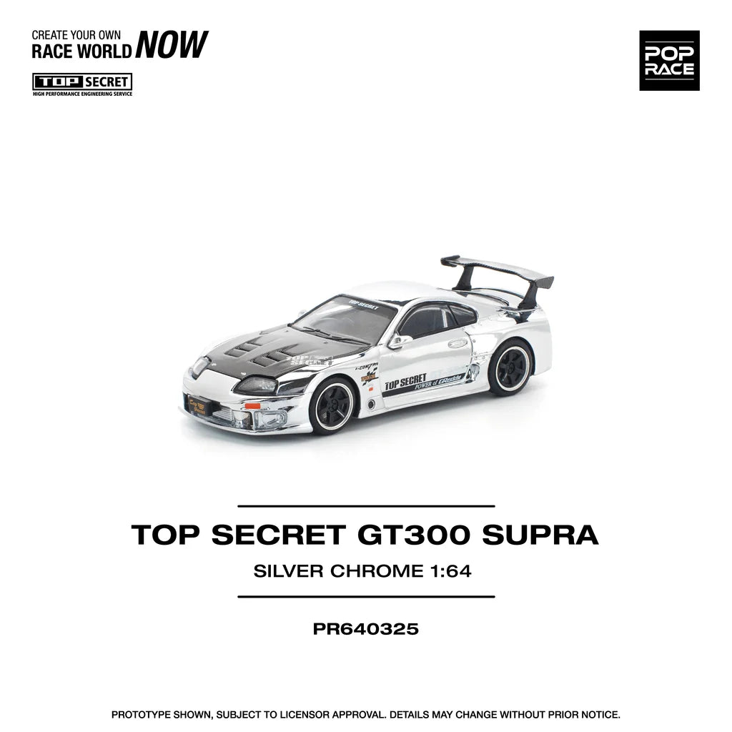 Pop Race 1:64 Top Secret GT300 Supra A80 Chrome Silver Carbon Hood Openable Front Hood Detailed Engine (PR640325)