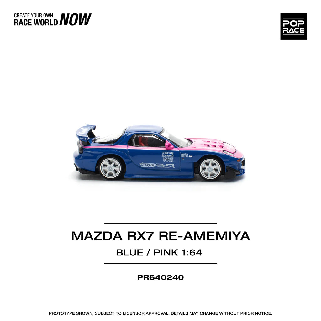 Pop Race 1:64 Mazda RX-7 FD3S Re-Amemiya Wide body Blue / Pink Openable Engine Hood (PR640240)