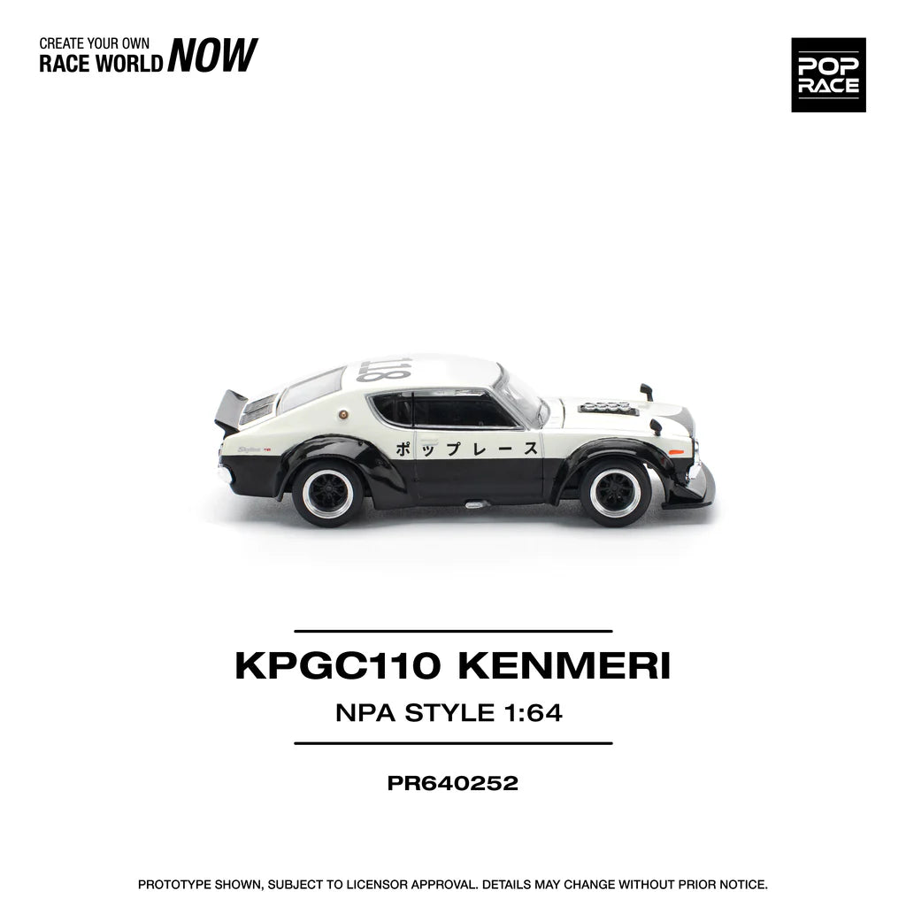 Pop Race 1:64 Nissan Skyline GT-R KPGC110 V8 Drift Kenmeri White Black NPA Style Opening Front and Rear Detailed Engine (PR640252)