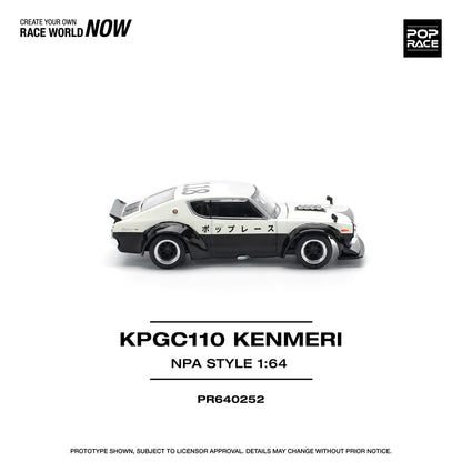 Pop Race 1:64 Nissan Skyline GT-R KPGC110 V8 Drift Kenmeri White Black NPA Style Opening Front and Rear Detailed Engine (PR640252)