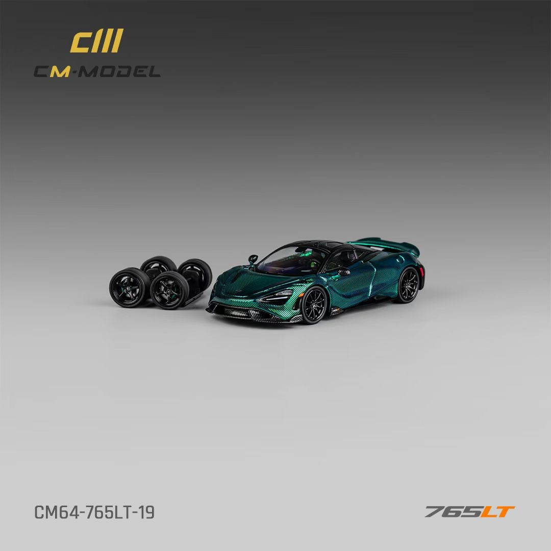 CM Model 1:64 McLaren 765LT Chrome Carbon Green Moving Spoiler Extra Wheels Set McLaren Official Licensed