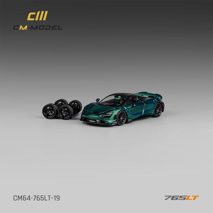 CM Model 1:64 McLaren 765LT Chrome Carbon Green Moving Spoiler Extra Wheels Set McLaren Official Licensed