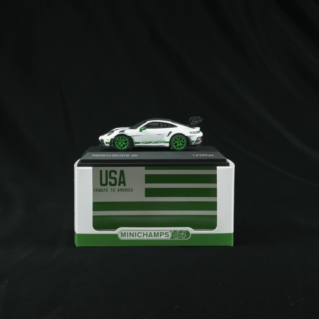 MINICHAMPS 1:64 PORSCHE 911 (992) GT3 RS 2023 WHITE W WEISSACH PACKAGE - TRIBUTE TO AMERICA  - EXCLUSIVE FOR CLDC