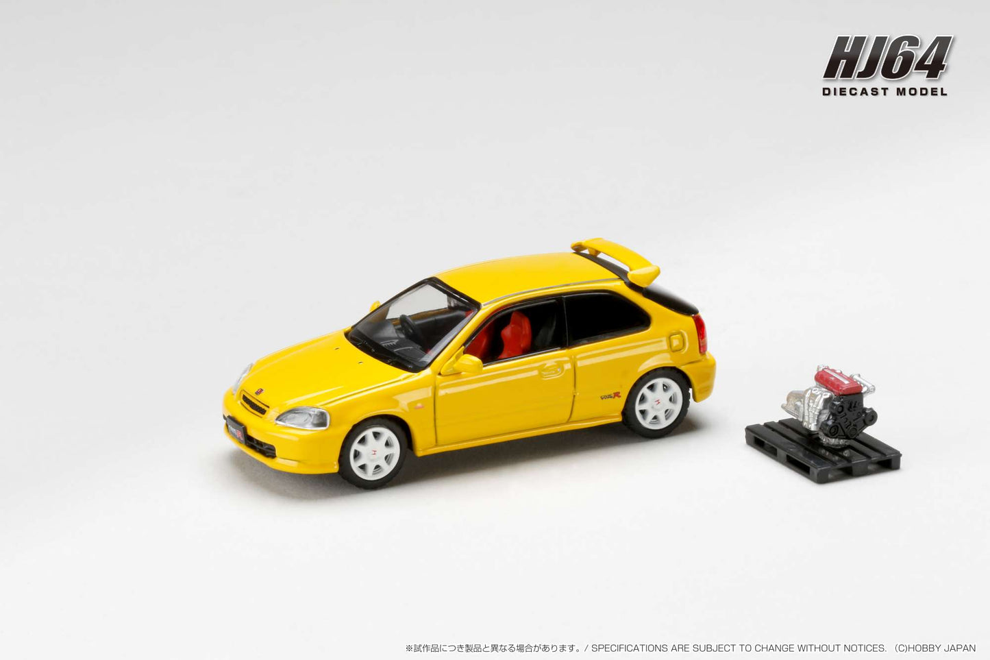 Hobby Japan 1/64 Honda CIVIC TYPE R (E-EK9) 1997 with Engine Display Model Yellow