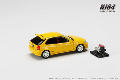 Hobby Japan 1/64 Honda CIVIC TYPE R (E-EK9) 1997 with Engine Display Model Yellow