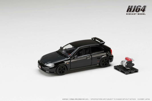Hobby Japan 1/64 Honda CIVIC TYPE R (E-EK9) 1997 Customized Ver. with Engine Display Model Black Pearl