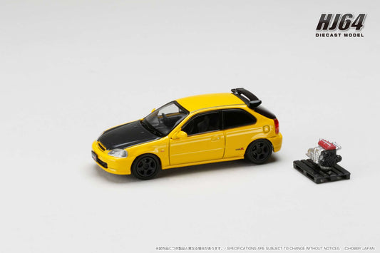 Hobby Japan 1/64 Honda CIVIC TYPE R (E-EK9) 1997 Customized Ver. with Engine Display Model Yellow