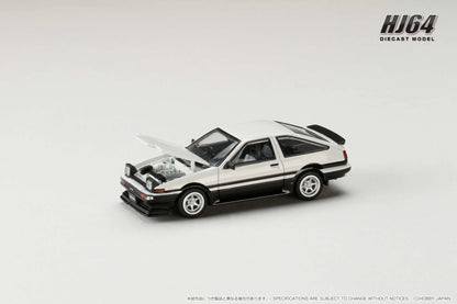 Hobby Japan 1:64 Toyota Sprinter Trueno GT Apex AE86 Late Version JDM Style White Black Pop Up Lights Openable Front Hood with Detailed Engine Toyota Official Licensed (HJ645052WB)
