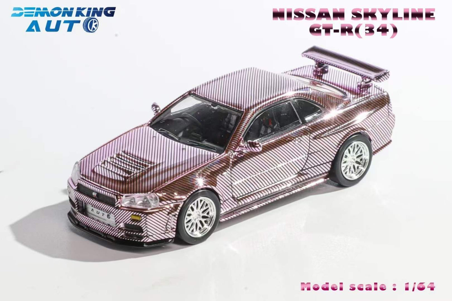 Demon King Auto 1:64 Nissan Skyline GT-R R34 Z-Tune Openable Engine Hood Full Carbon Pink